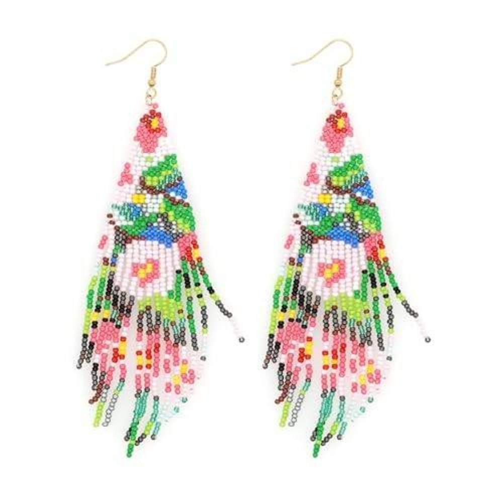 Bohemian Floral Seed Bead Fringe Earrings Colorful Long Dangle Drop Jewelry